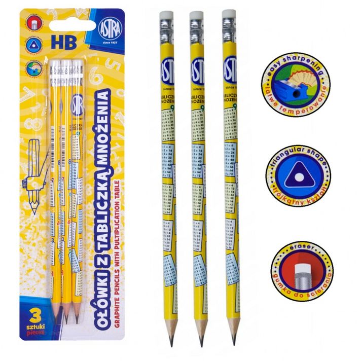 ASTRA - 3db sima HB ceruza radírral és szorzótáblával, buborékcsomagolás, 206121002