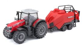 BBURAGO - 1:50 mezőgazdasági traktor Massey Ferguson 8740S + bálázó emelő Rood