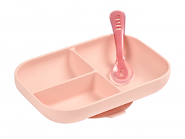 BEABA - Szilikon osztott tányér tapadókoronggal + kanál Pink