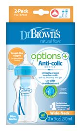 DR.BROWNS - Antikolikus cumisüveg Options+ széles nyakú 2x270ml műanyag kék (WB92602)