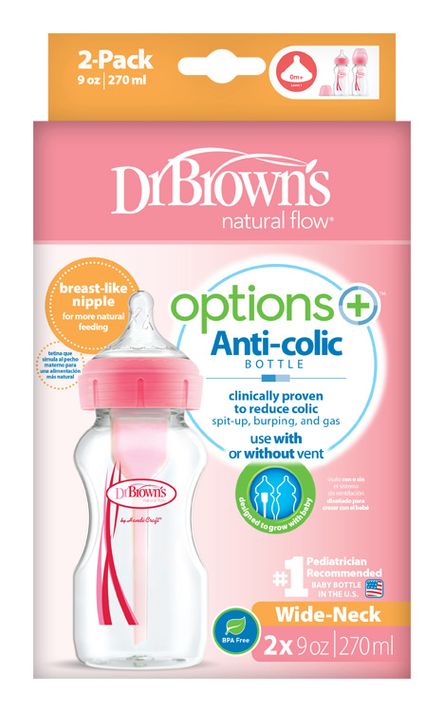 DR.BROWNS - Antikolikus cumisüveg Options+ széles nyakú 2x270ml műanyag rózsaszín (WB92601)