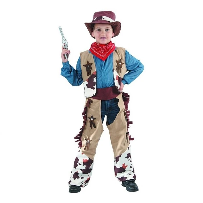 JUNIOR - Gyermek jelmez Cowboy (mellény, lábmelegítő, sapka, sál), méret 110/120 cm
