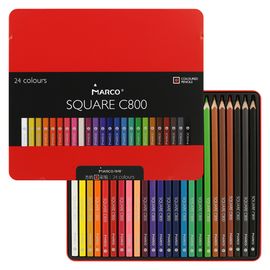 MARCO - Square C800 négyzet alakú zsírkréták - 24 darabos készlet ónban. Box of 8 crayons - 8 db zsírkréta, 24 db színes ceruza, egy dobozban