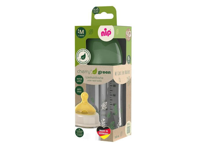 NIP - Cseresznyezöld üveg, széles, gumi-M, 240ml, fiú