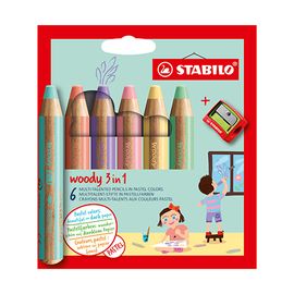 STABILO - zsírkréta, akvarell és viaszceruza - fás 3 az 1-ben - 6 db-os csomag ceruzahegyezővel