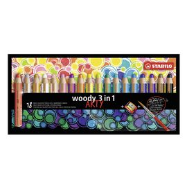 STABILO - Crayons woody 3 in 1 ARTY- színezőceruza, zsírkréta, viaszceruza - 18 db + ceruzahegyező + kefe