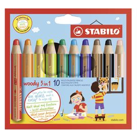 STABILO - Woody zsírkréták 3 az 1-ben - színezőceruzák, akvarellceruzák, viaszceruzák - 10 db különböző színben