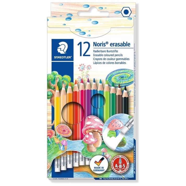 STAEDTLER - Színezett ceruzák radírral, hatszögletű, "Noris Club", 12 különböző színben