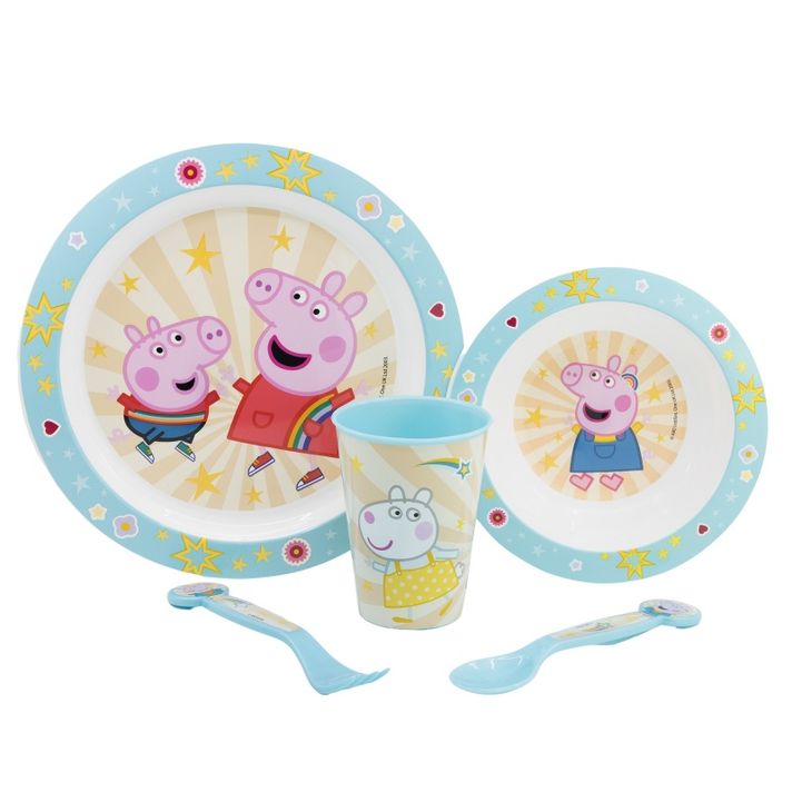 STOR - Gyermek műanyag edények Peppa Pig (tányér, tál, csésze, evőeszköz), 41260