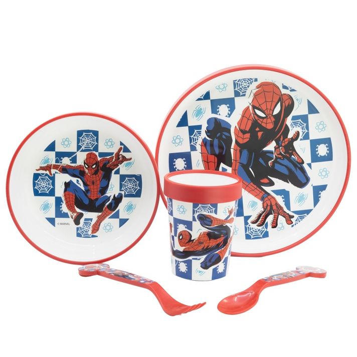 STOR - Gyermek műanyag edények Spiderman (tányér, tál, csésze, evőeszköz), 74785