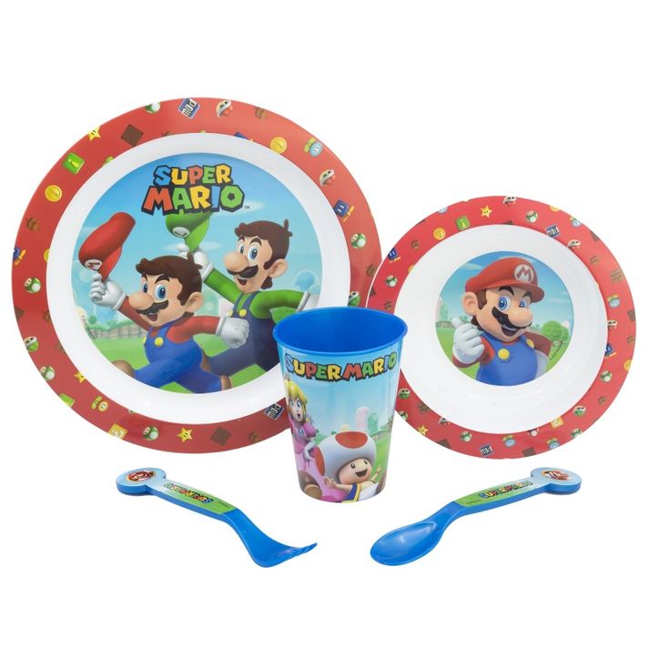 STOR - Gyermek műanyag edények Super Mario (tányér, tál, csésze, evőeszköz), 75250