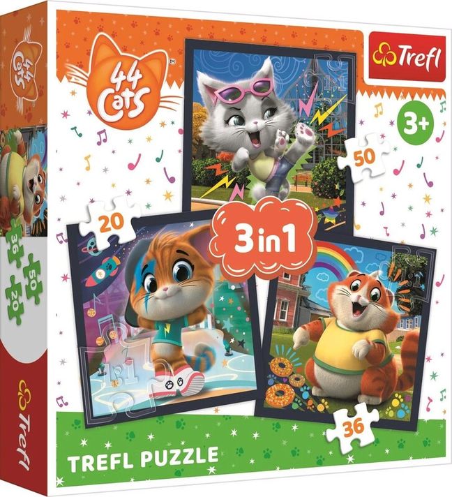 TREFL - Puzzle 3v1 – Ismerkedj meg aranyos macskákkal / Rainbow 44 macskával